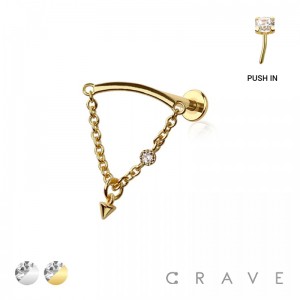 CONE DANGLE BEZEL CZ DANGLE CHAIN TOP 316L SURGICAL STEEL THREADLESS (PUSH IN ) LABRET SET